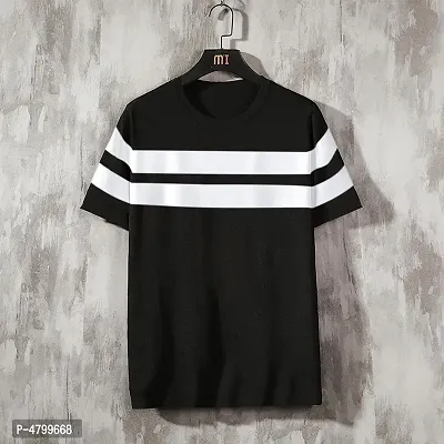 Trendy Black Striped Cotton Round Neck T-Shirt For Men-thumb0