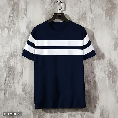 Trendy Blue Striped Cotton Round Neck T-Shirt For Men