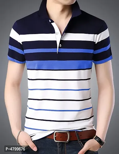 Trendy Blue Striped Cotton Polo T-Shirt For Men-thumb2