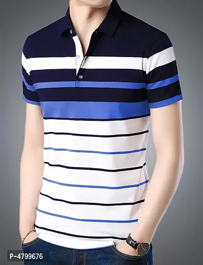 Trendy Blue Striped Cotton Polo T-Shirt For Men-thumb0