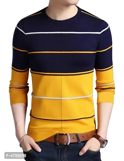 Trendy Yellow Striped Cotton Round Neck T-Shirt For Men-thumb0