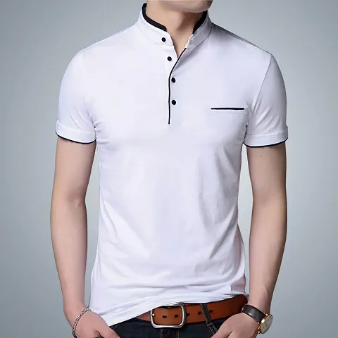 Cotton Mandarin Collar Short-sleeve T-Shirt for Men