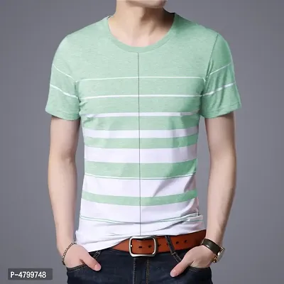 Trendy Green Striped Cotton Round Neck T-Shirt For Men-thumb0