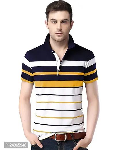 EYEBOGLER Men's Trendy Half Sleeves Polo Neck Striped T-Shirt