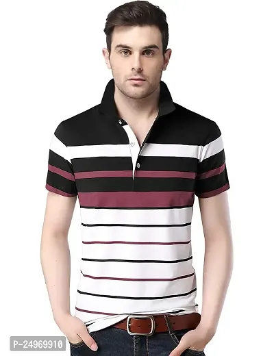 EYEBOGLER Men's Trendy Half Sleeves Polo Neck Striped T-Shirt
