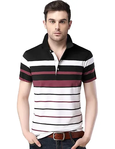 EYEBOGLER Men's Trendy Half Sleeves Polo Neck Striped T-Shirt