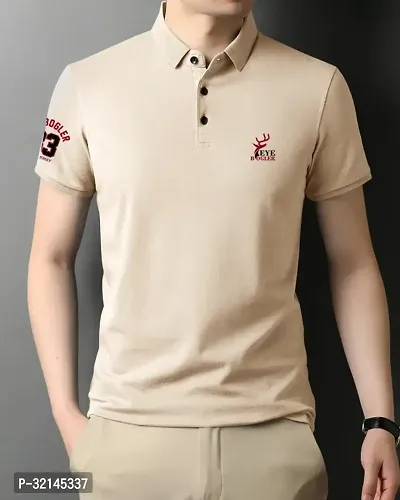 Reliable Beige Cotton Blend Solid Polo T-Shirt For Men-thumb2