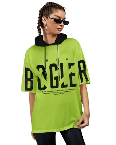 EYEBOGLER Women's Trendy Hooded Neck Half Sleeves Loose Fit Printed T-Shirt