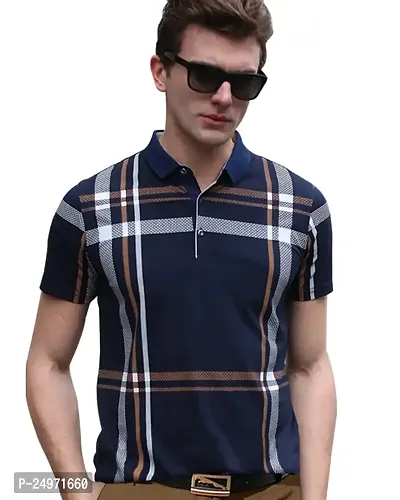 EYEBOGLER Men's Trendy Polo Neck Half Sleeves Regular Fit Checkered T-Shirt-thumb0