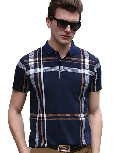 EYEBOGLER Men's Trendy Polo Neck Half Sleeves Regular Fit Checkered T-Shirt