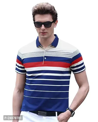 EYEBOGLER Men's Trendy Polo Neck Half Sleeves Regular Fit Striped T-Shirt