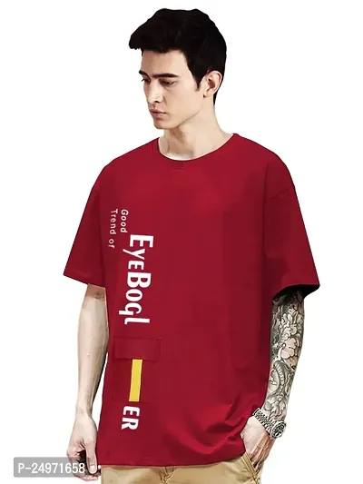 EYEBOGLER Men's Round Neck Half Sleeves Printed Solid Loose fit Cotton T-Shirt Red