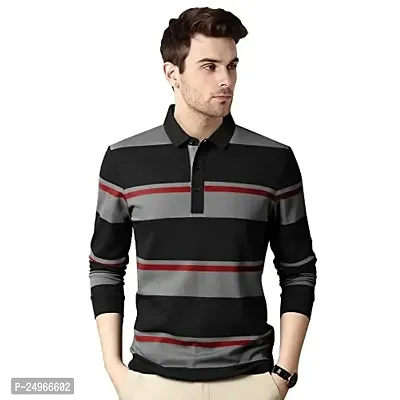 EYEBOGLER Men's Polo Neck Full Sleeves Striped T-Shirt