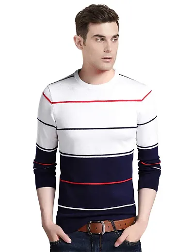 EYEBOGLER Mens Round Neck Full Sleeve Striped T-Shirt