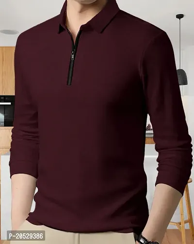 EYEBOGLER Mens Regular Fit Polo Neck Full Sleeve Solid Tshirt-thumb0
