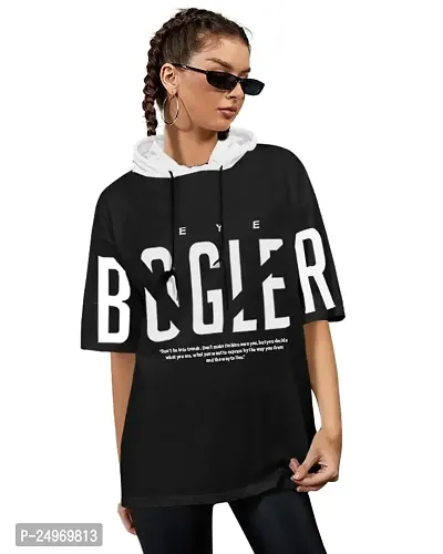 EYEBOGLER Women's Trendy Hooded Neck Half Sleeves Loose Fit Printed T-Shirt-thumb0