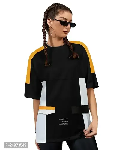 EYEBOGLER Women's Trendy Round Neck Half Sleeves Loose Fit Colorblocked T-Shirt