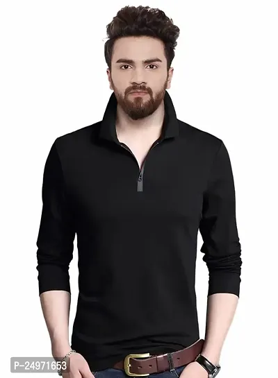 EYEBOGLER Men's Trendy Polo Neck Full Sleeves Solid T-Shirt Black