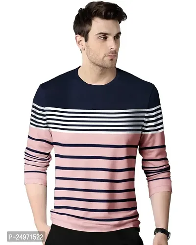 EYEBOGLER Men's Trendy Full Sleeves Round Neck Regular Fit Striped T-Shirt-thumb0