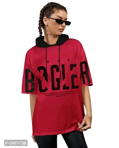 EYEBOGLER Women's Trendy Hooded Neck Half Sleeves Loose Fit Printed T-Shirt-thumb0
