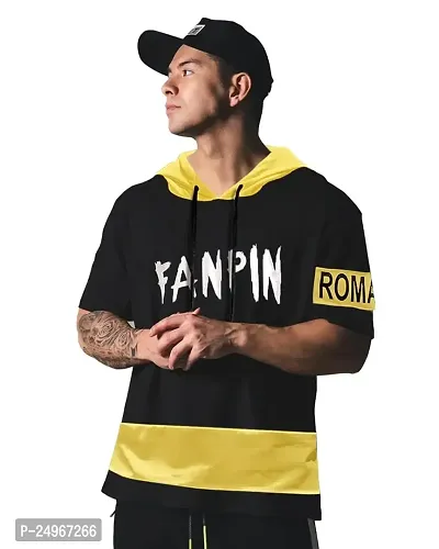 EYEBOGLER Men's Hooded Neck Half Sleeves Printed Colorblocked Loose fit Cotton T-Shirt Yellow-thumb0