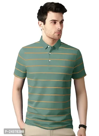 EYEBOGLER Mens Half Sleeves Regular Fit Polo Neck Striped T-Shirt