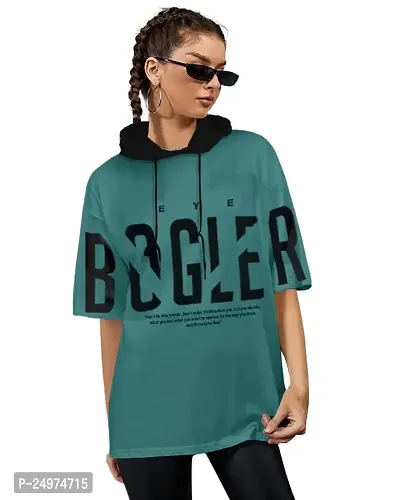 EYEBOGLER Women's Trendy Hooded Neck Half Sleeves Loose Fit Printed T-Shirt
