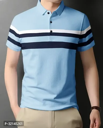 Reliable Blue Cotton Blend Colourblocked Polo T-Shirt For Men-thumb0