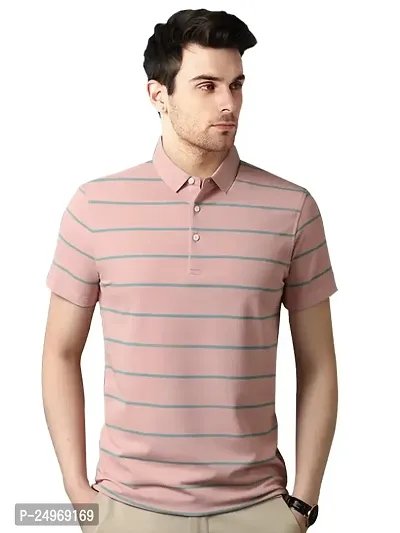 EYEBOGLER Mens Half Sleeves Regular Fit Polo Neck Striped T-Shirt-thumb0