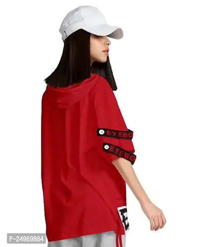 EYEBOGLER Women's Fashionable Hooded Neck Half Sleeves Loose Fit Printed T-Shirt-thumb2