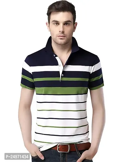 EYEBOGLER Men's Trendy Half Sleeves Polo Neck Striped T-Shirt Green