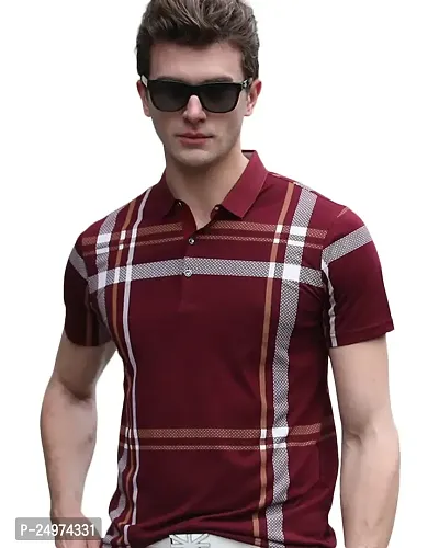 EYEBOGLER Men's Trendy Polo Neck Half Sleeves Regular Fit Checkered T-Shirt-thumb0