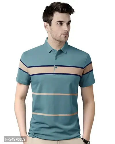 EYEBOGLER Men's Trendy Polo Neck Half Sleeves Striped Regular Fit T-Shirt-thumb0