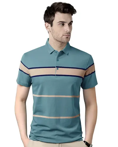 EYEBOGLER Men's Trendy Polo Neck Half Sleeves Striped Regular Fit T-Shirt