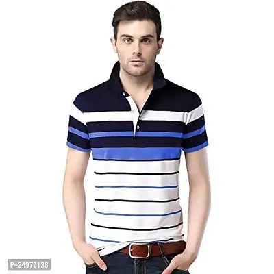 EYEBOGLER Men's Trendy Half Sleeves Polo Neck Striped T-Shirt Blue