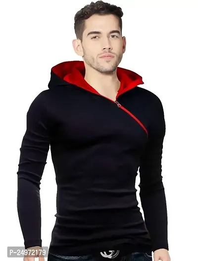 EYEBOGLER Men's Designer Full Slevees Solid Hooded Neck T-Shirt Black-thumb2