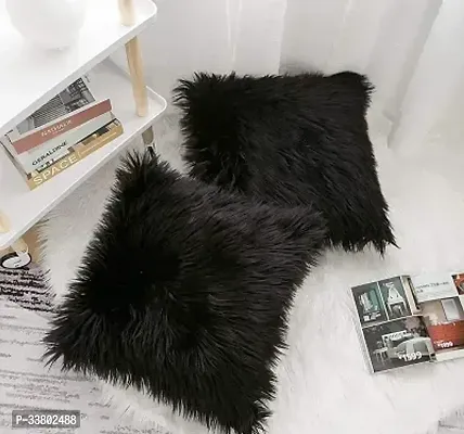 Stylish Black Faux Fur Cushion Covers 20x20 Inch Pack of 2-thumb0