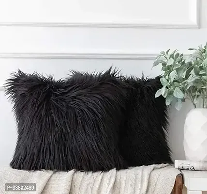 Stylish Black Faux Fur Cushion Covers 16x16 Inch Pack of 2-thumb0