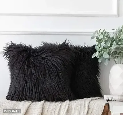 Comfortable Black Faux Fur Cushion Covers 16x16 Inch, Soft Plush Material  Pack of 2-thumb0