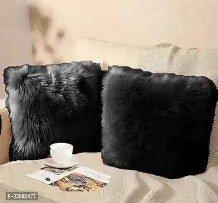 Comfortable Black Faux Fur Cushion Covers 12x12 Inch  Pack of 2