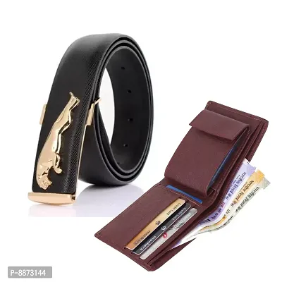 Stylish Fancy Synthetic Leather Solid Black Jaguar Belt With Classic Brown Wallet