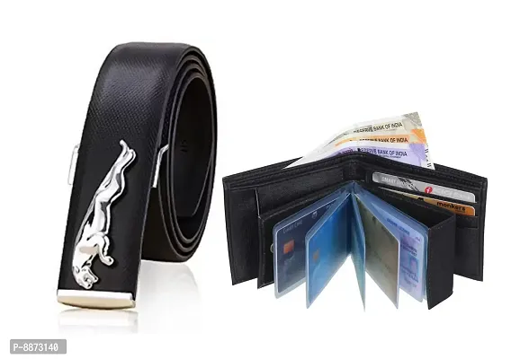 Stylish Fancy Synthetic Leather Solid Black Jaguar Belt With Classic Black Wallet