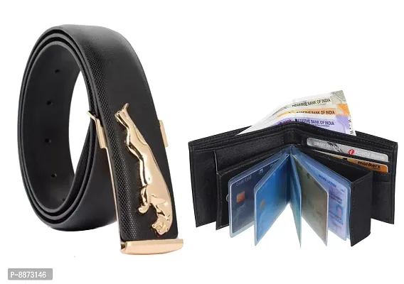 Stylish Fancy Synthetic Leather Solid Black Jaguar Belt With Classic Black Wallet-thumb0