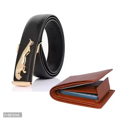 Stylish Fancy Synthetic Leather Solid Black Jaguar Belt With Classic Tan Wallet
