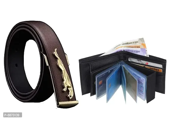 Stylish Fancy Synthetic Leather Solid Brown Jaguar Belt With Classic Wallet