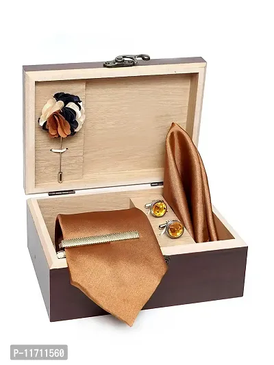 Silk Solid Brown Colour Necktie Gift Set With Cuffline, Brooch Pin, pocket square,and Men Tie Pin With Wooden Box For Men-thumb0