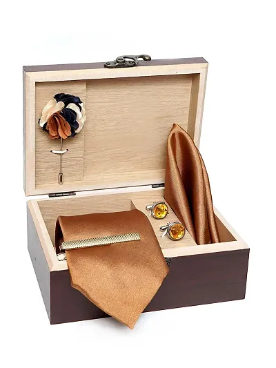 Silk Solid Brown Colour Necktie Gift Set With Cuffline, Brooch Pin, pocket square,and Men Tie Pin With Wooden Box For Men