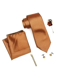 Silk Solid Brown Colour Necktie Gift Set With Cuffline, Brooch Pin, pocket square,and Men Tie Pin With Wooden Box For Men-thumb1