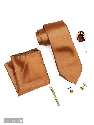 Silk Solid Brown Colour Necktie Gift Set With Cuffline, Brooch Pin, pocket square,and Men Tie Pin With Wooden Box For Men-thumb2