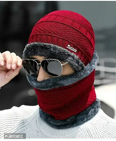 Stylish Men and Women Woolen Cap with Neck Muffler/Neck warmer Set of 2 Free Size-thumb0